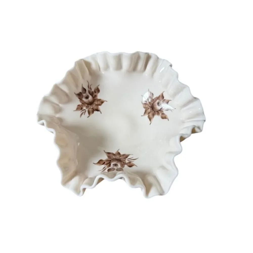 Vintage Fenton Beige & Brown Flowers Footed and Ruffled 8"